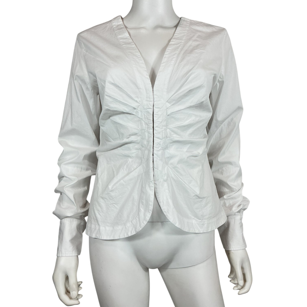 Good American Sleek White Poplin Ruched V-Neck Shirt Size M - Picture 2 of 4